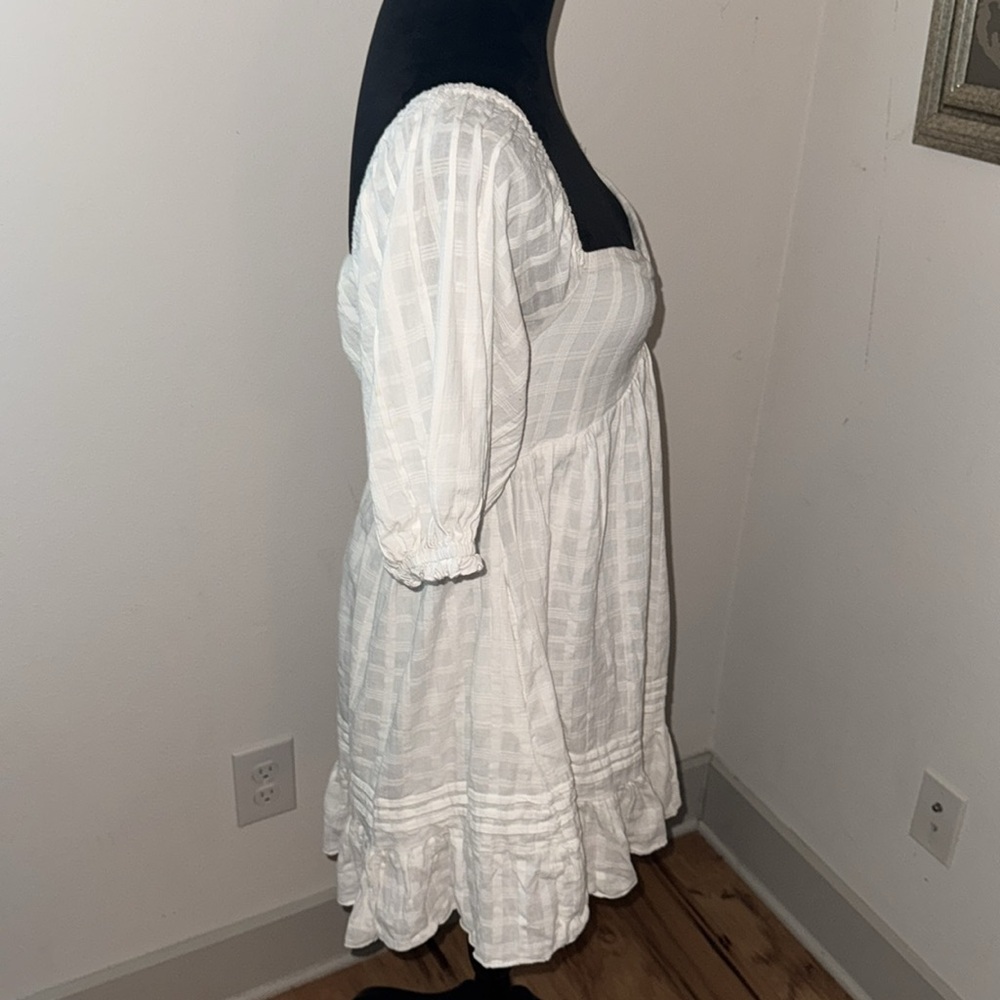 Mable puff sleeves Babydoll white dress plaid smocked back ruffle hem cotton S - Picture 6 of 8